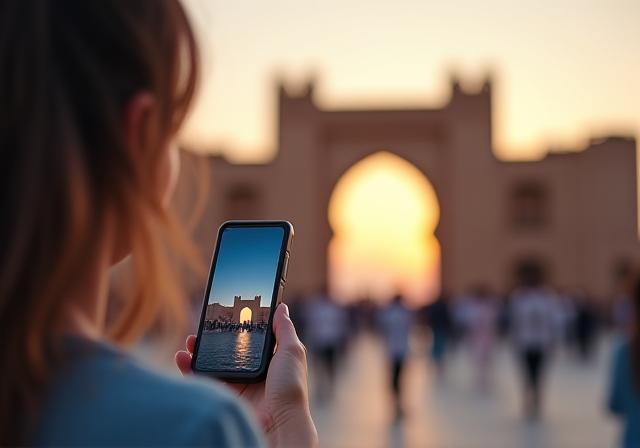 سائح يستخدم هاتفه بالقرب من باب البحرين في المنامة